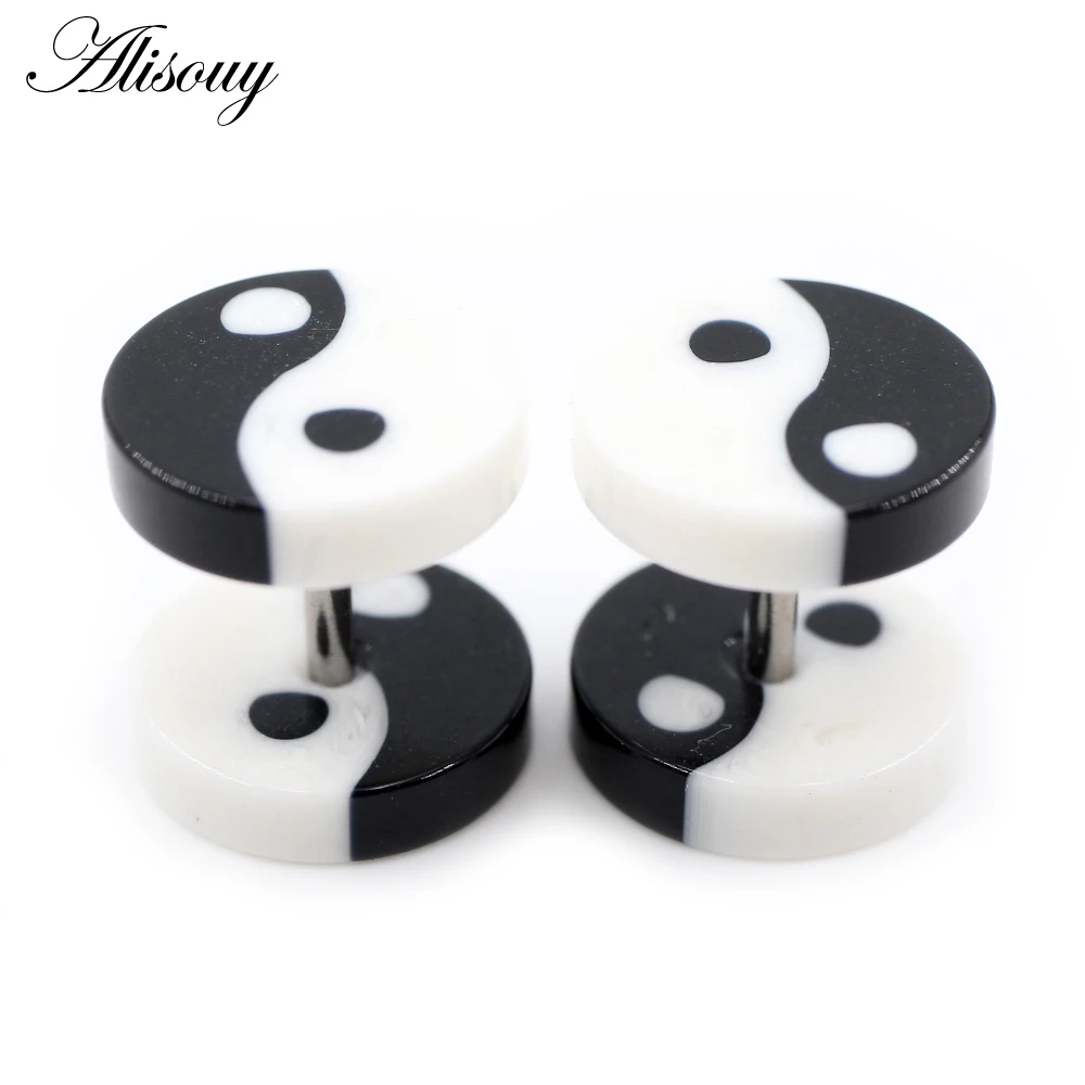 Alisouy 2pcs 8/10mm Bagua Tai Chi Diagram Acrylic Unisex Men Women Barbell Round Ear Stud Earrings Tragus Helix Piercing Jewelry