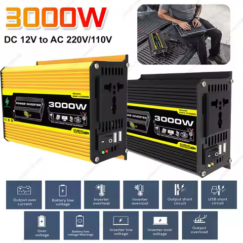 DC 12V To AC 110/220V Car Inverter Dual USB Vehicle Smart Inverter 3000W Digital Power Inverter Built-in Fuse for RV Caravan