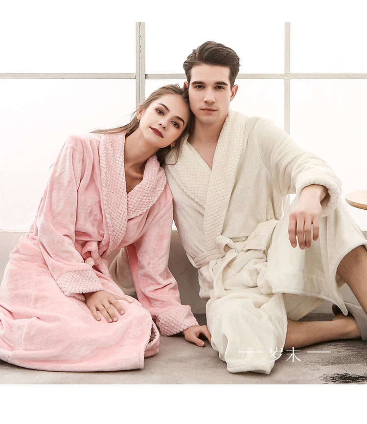 Warmer Winter-Bade- und Schlaf-Loungewear aus weichem Plüsch für Herren, stilvoller, gemütlicher, passender, langer Nerz-Fleece-Patchwork-Bademantel für Paare – Detail 1