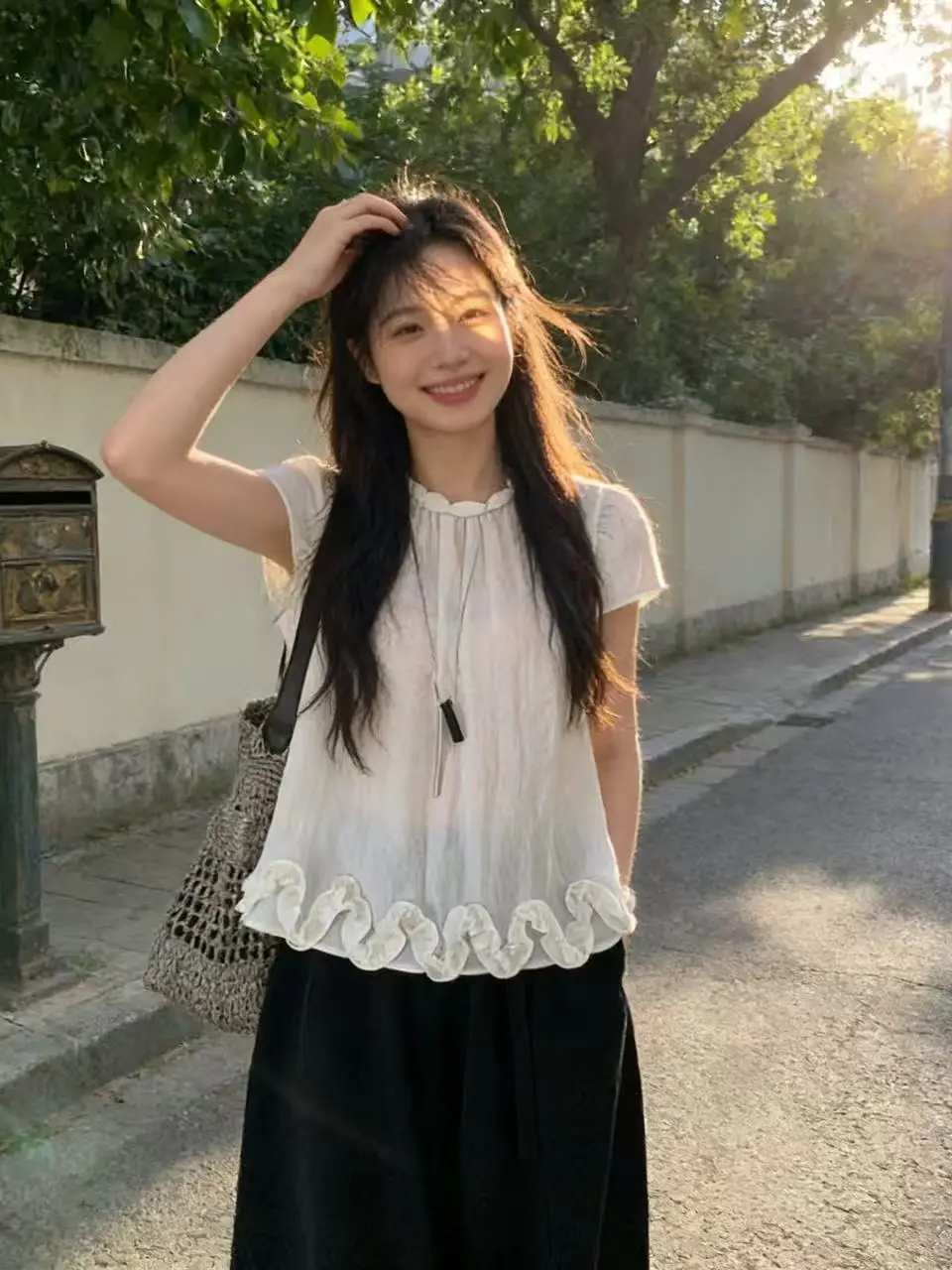 

Korean Style Loose Women's Short Sleeve Shirt Ear Mushroom Ruffle Hem Tassel Collar Breathable Cotton Linen Blend Summer New