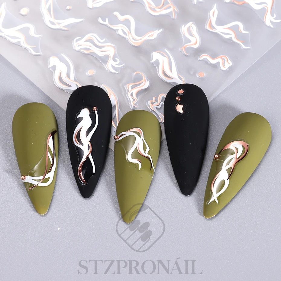 3D Gold Silver Lines Nail Sticker French Abstract Waved Stripe Slider Butterfly Heart Decals Nail Art Nails Accessories Tools