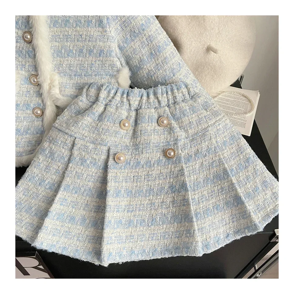 Children\'s Clothing Sets Tweed Scented Suit Fleece Coat + Pleated Skirt 2pcs Sets Baby Girl Clothes Kids Clothes 2 To 7 Years