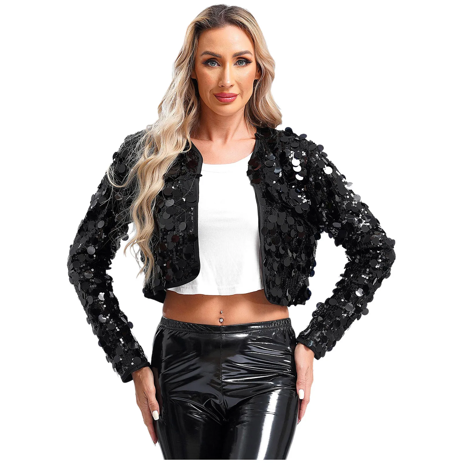 Women Fashion Sequined Jacket Long Sleeve Sequin Cardigan Tops for Music Festival Party Nightclub Rave Clubwear Evening Bolero