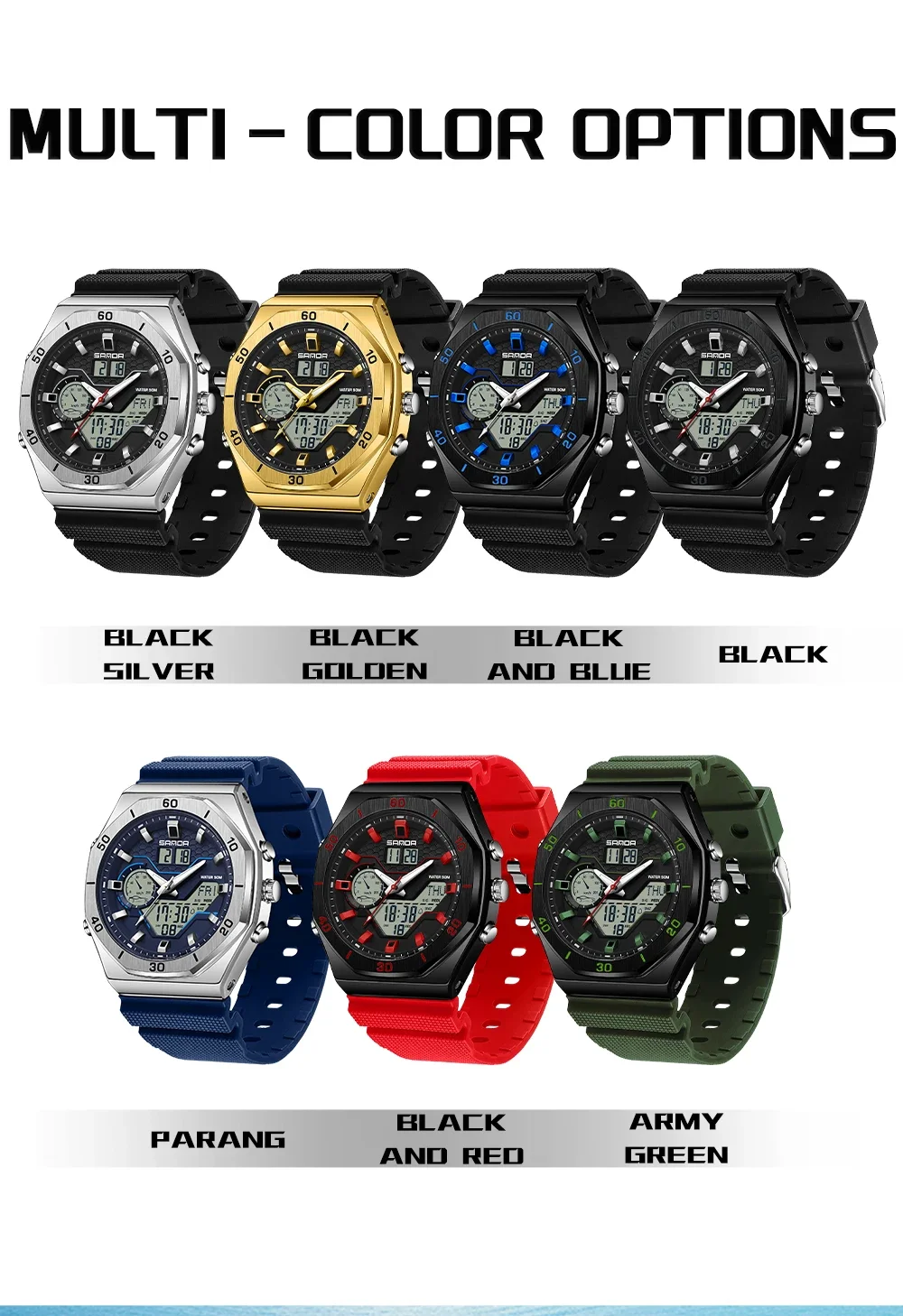 SANDA 6209 Fashion Trend Electronic Watch Multi functional Waterproof Outdoor Sports Watch Male Electronic Watch