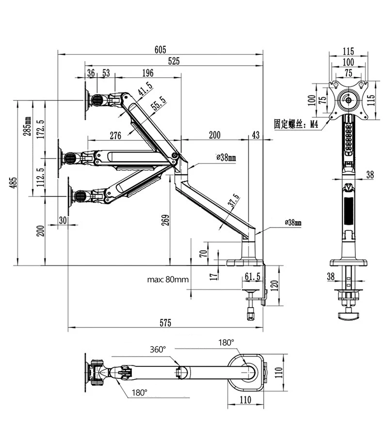 V8 17 "-38" suporte da tevê da montagem da parede do monitor do lcd alumínio 360 gire o braço stretchable dobro do pivô do movimento completo 3-11kg