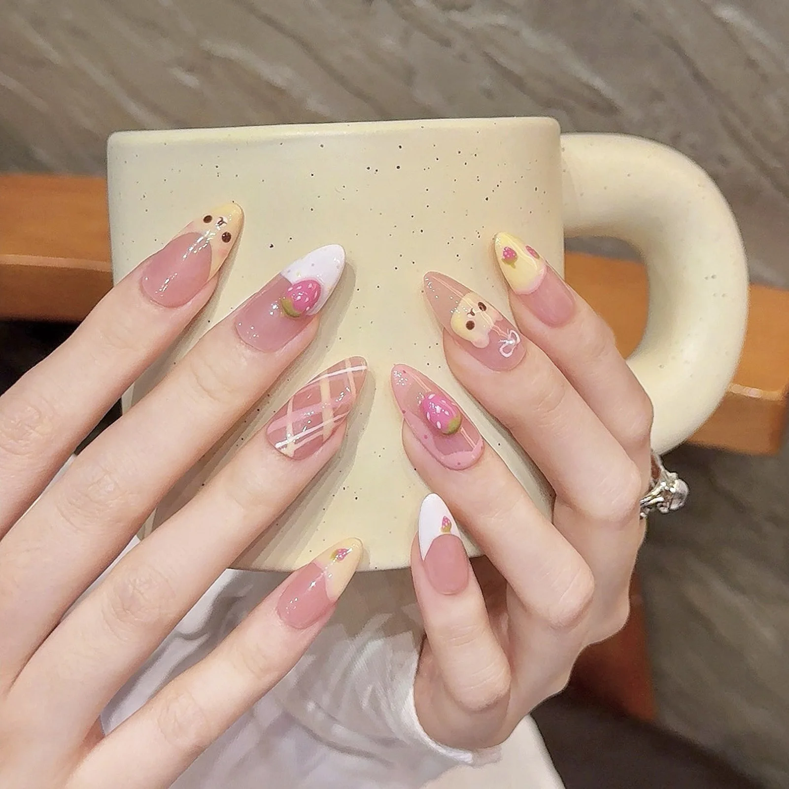 10pcs Pink Almond Press On Nails Handmade Oval French Style False Nails 3D Pink Strawberry Cute Bear Designs Fake Nail For Women