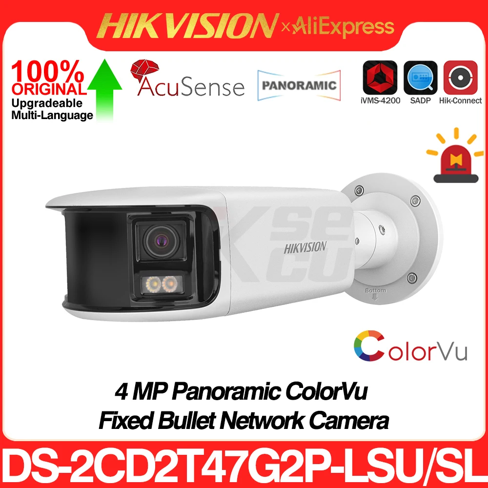 Hikvision-cámara IP DS-2CD2T47G2P-LSU/SL, lente Dual panorámica ColorVu, Bullet, luz estroboscópica, alarma Audible, Audio bidireccional