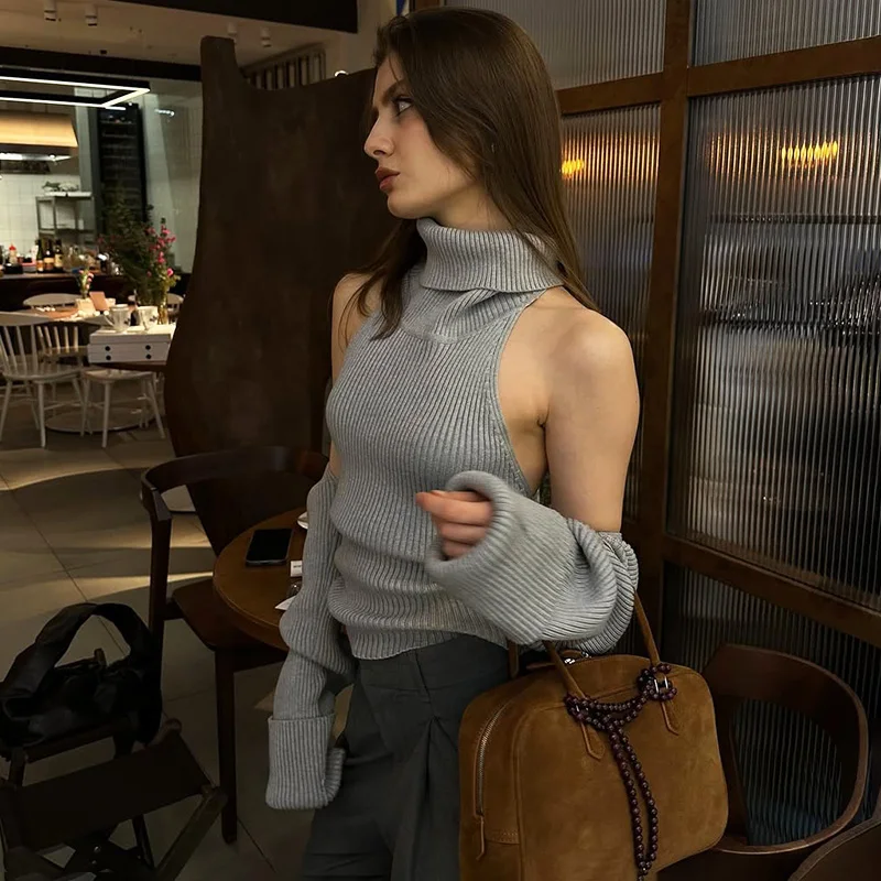 ชุดเซ็ตสองชิ้น เสื้อถักคอเต่าสำหรับผู้หญิง แขนกุด แต่งผ้าปะติด ผ้าริบ ชุดเสื้อกั๊กไหมพรม สไตล์วินเทจ เสื้อผ้าสตรีทแวร์