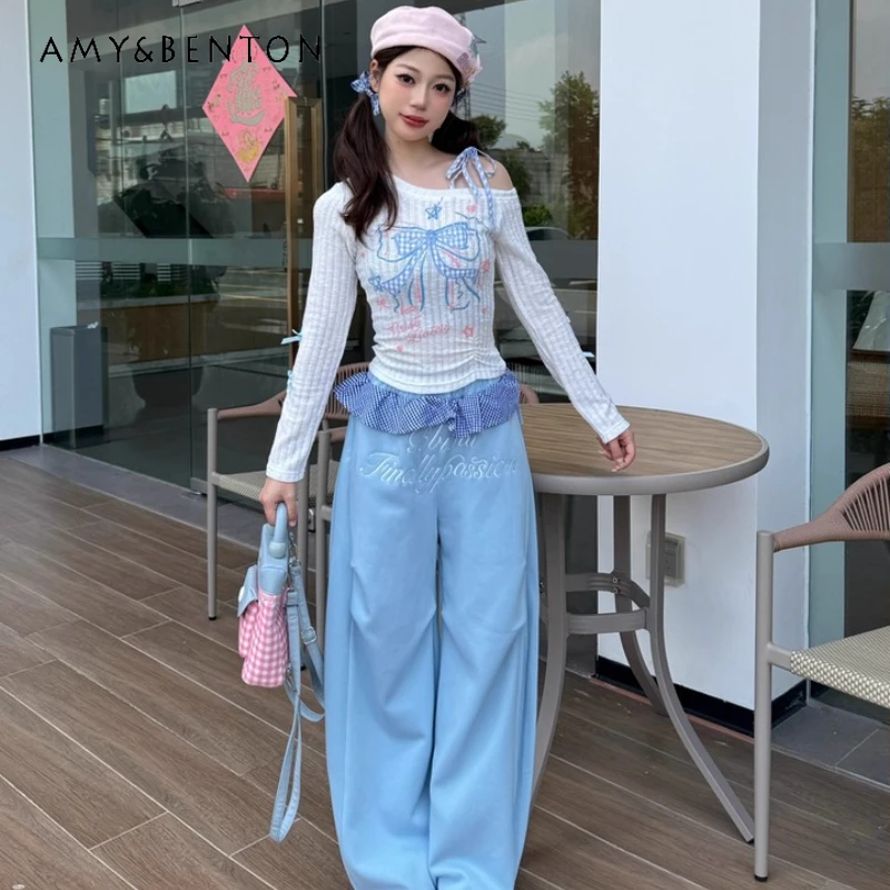 

Japanese Sweet Chic Bow Off-Shoulder Long Sleeve Women's T-Shirt Autumn New Blue Splicing Lace-up Loose Slimming Pants Set Girl