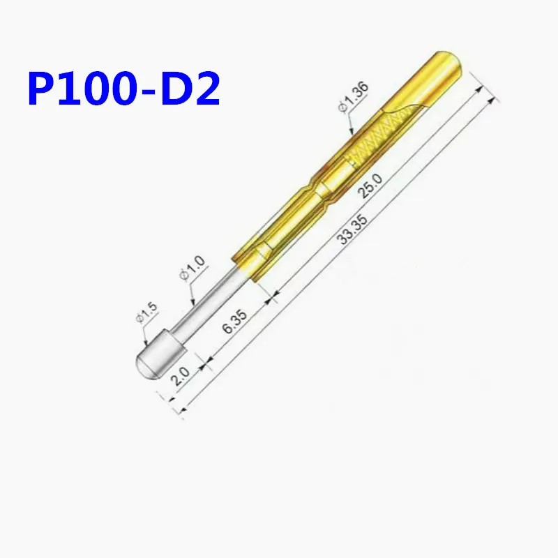 

100pcs/pack P100-D2 Big Round Head Spring Test Probe Outer Diameter 1.36mm Length 33.35mm PCB Pogo Pin