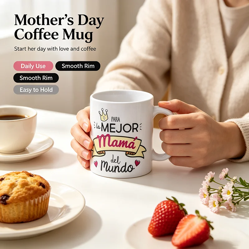 Spanish Best Mom In The World Ceramic Mug Cute Crown Heart Banner Graphic Porcelain Coffee Cup Sweet Birthday Gift For Mother