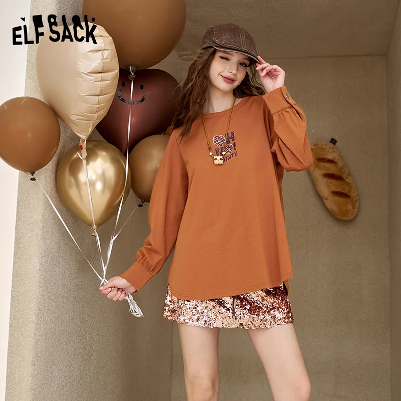 2024 Autumn ELFSACK New Arrivals Butterfly pink pleated slim fit sweet temperament design flocked T-shirt for women