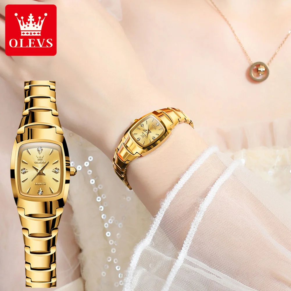 OLEVS-Montres de luxe pour femme, montre-bracelet élégante pour femme, or rose, carré, bracelet en acier au tungstène, montre à quartz originale pour femme, 7006