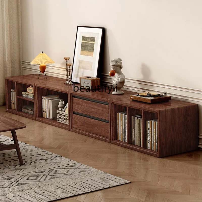 K185 Black Walnut Solid Wood TV Bookcase Floor Bookshelf Storage Solid Wood Module Changeable Assembled Cabinet