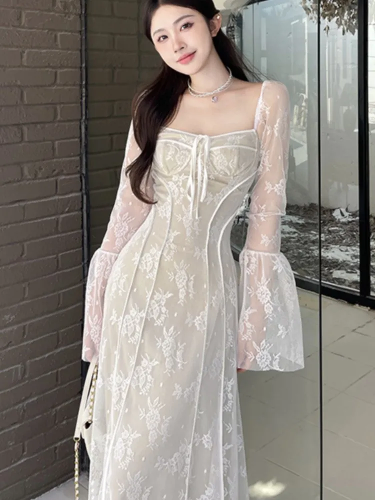 New Spring Fashion Dress Elegant Party Dresses For Women Luxury Vintage Solid Bodycon Slim Lace Vestidos Female Prom Robe Mujer