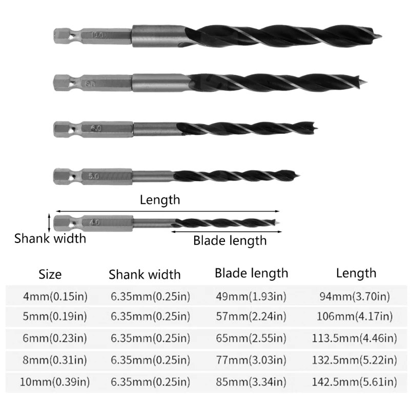 4 5 6 8 10 mm 5 piezas Herramientas de metal de cambio rápido 1/4 "Vástago hexagonal Juego de brocas HCS para madera