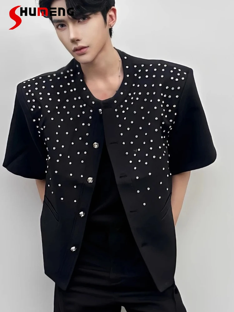 

Men's Diamond-Studded Fashion Small Fragrant Jackets Men's 2025 Summer New Trendy Handsome Loose Coats Chic Short-Sleeve Jacket