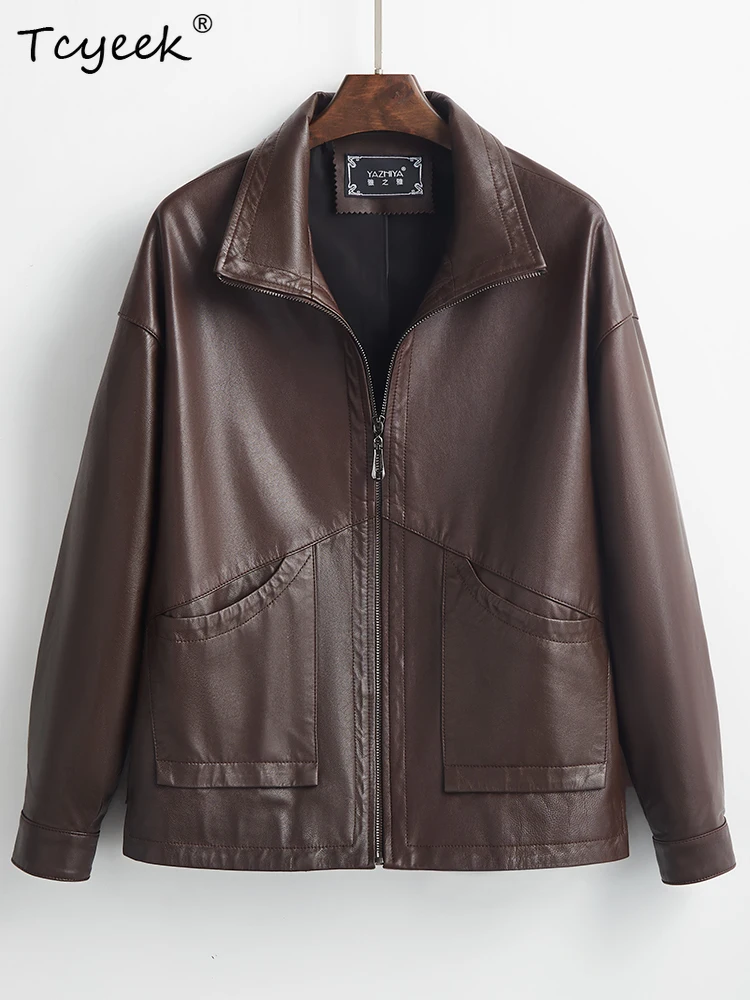 Tcyeek Damska Kurtka Skórzana z Naturalnej Owczej Skóry Wiosna Jesień Kołnierz Długi Rękaw Krótka Brązowa Kurtka Skórzana Chaqueta Cuero Mujer