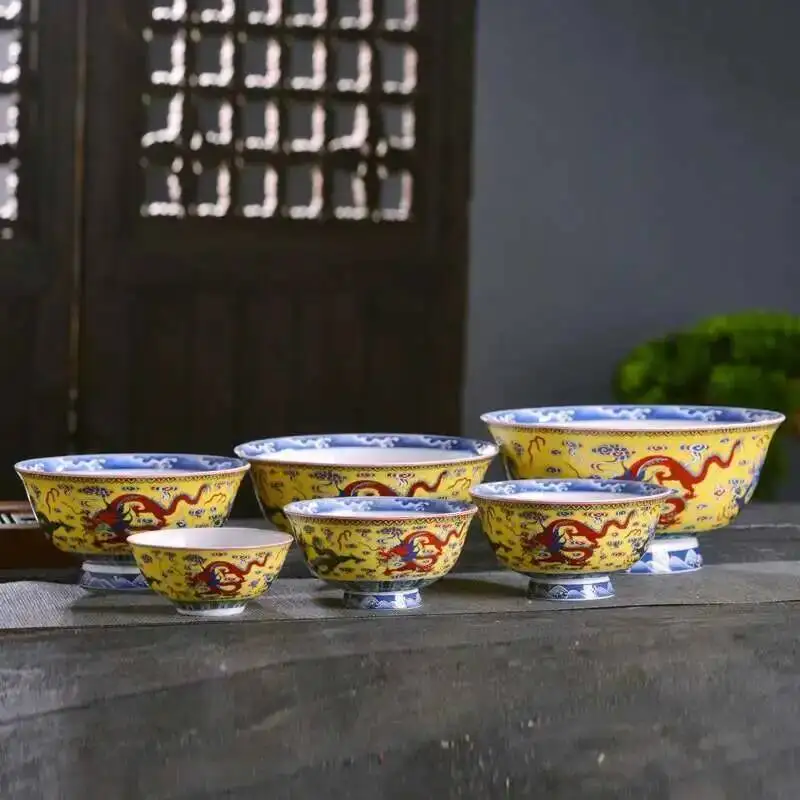 

Chinese Style Dragon Pattern Tableware Bone China High Leg Rice Bowl Large Noodles Soup Bowl