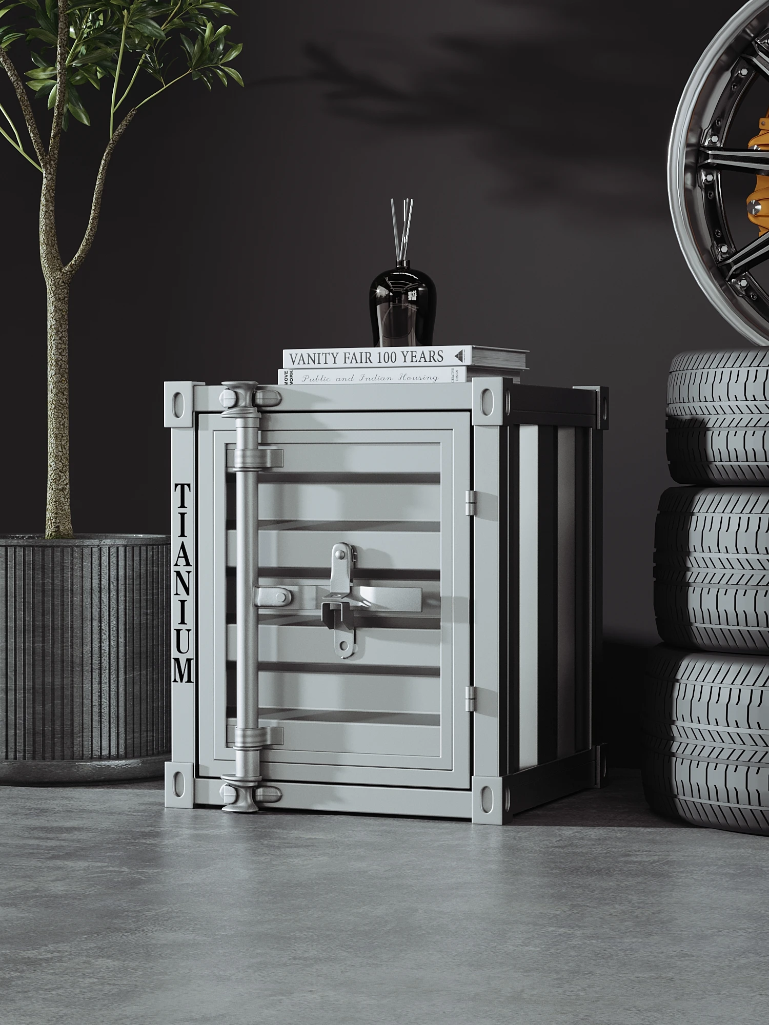 Modern industrial style side table, wrought iron structure, container style decoration