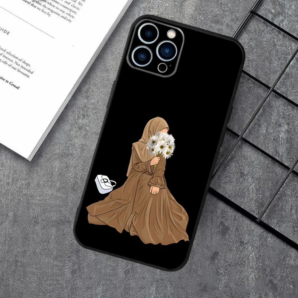 Muslim Arabic Hijab Girl Phone Case For Apple iPhone 15,14,13,12,11,XS,XR,X,8,7,Pro,Max,Plus,mini Silicone Black Cover