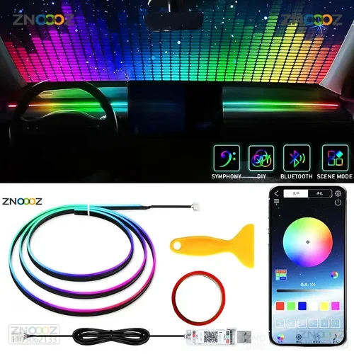 Luces ambientales para salpicadero de coche, 140cm, 64 colores, LED Interior RGB, lámpara de ambiente sinfónico, Control por aplicación USB para Tesla Model 3 Y S X