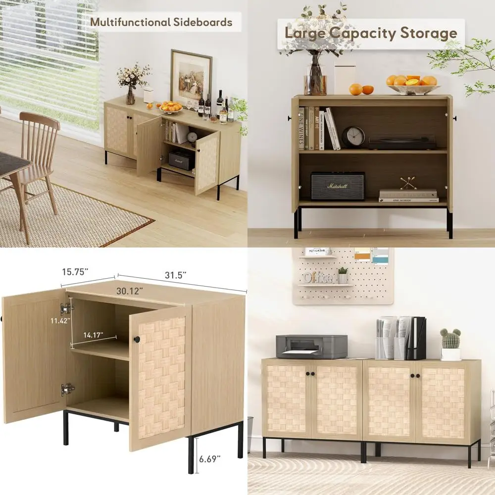 

Natural Rattan Decorated 31.5 Multifunctional Storage Cabinet with Metal Legs, Ideal for Office and Living Room Organization
