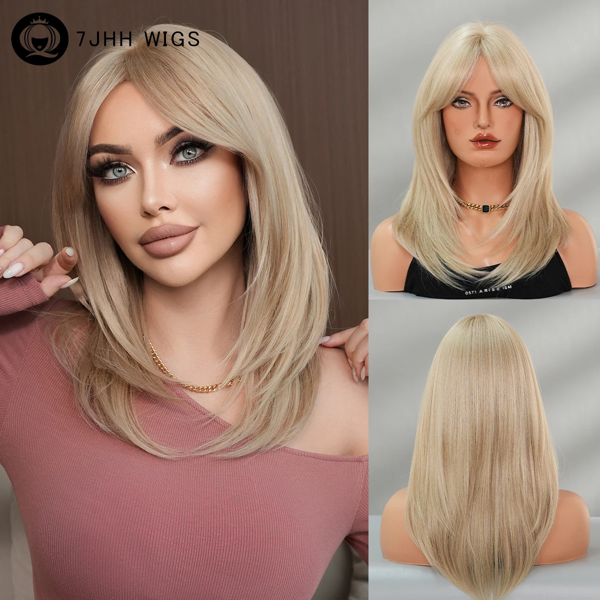 7JHH WIGS Schulterlange, gerade, champagnergoldene Perücke für Damen, synthetische, modische Perücken mit Mittelteil und Vorhangfransen