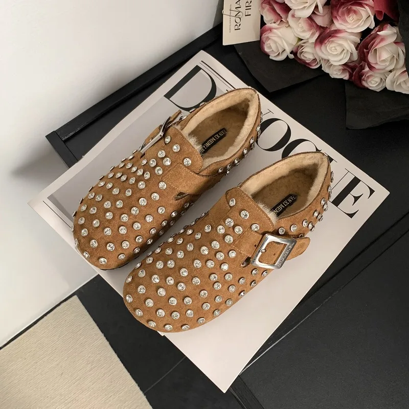 New Rhinestone Plush Warm Soft Soled Single Shoe Fashion Autumn Winter All Inclusive Casual Commuting Ballet Flat Women Shoes 43 image 4