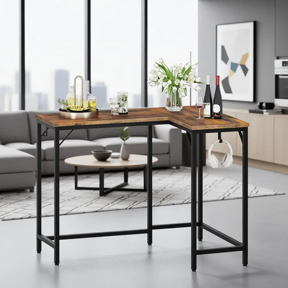 

Vintage Industrial L-Shaped Desk, 63 Long Slim Bar Table, Rustic Brown & Black, Suitable for Living, Kitchen, Dining Rooms
