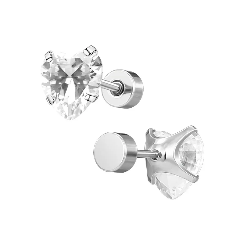 Damen-Ohrringe aus Stahl mit Zirkon-Schraubverschluss in Herzform, schlichte Ohrknochen-Ohrringe, modisches Schmuck-Accessoire – Detail 3