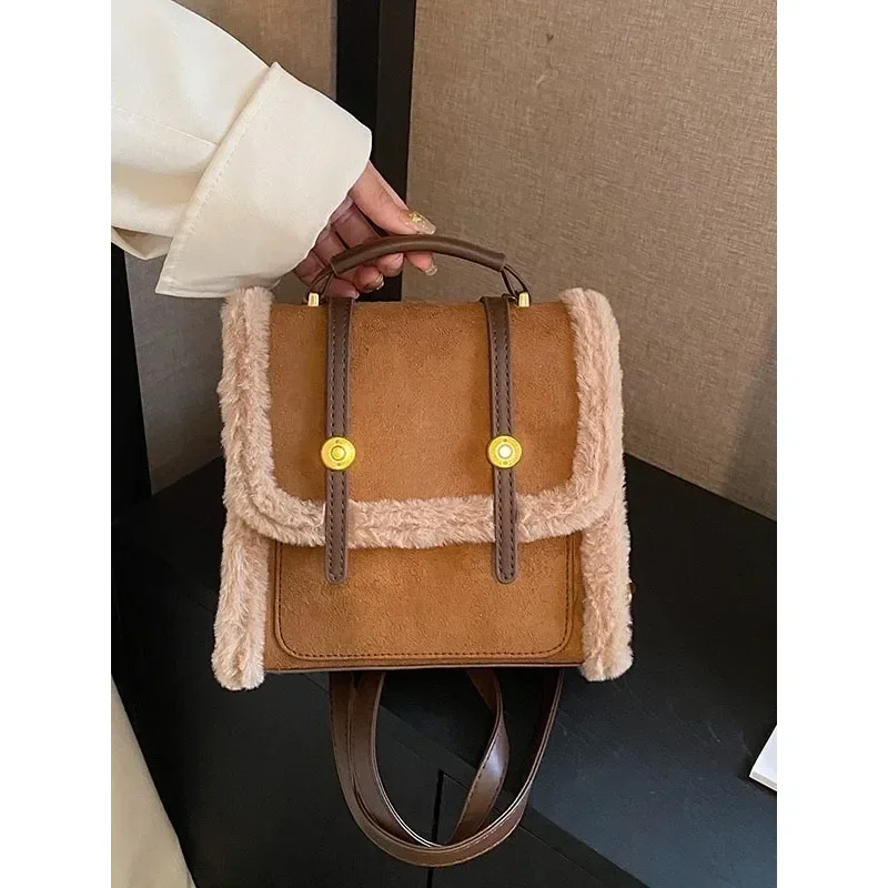 Retro Backpack Women's New Autumn and Winter Fashion 2023 Plush Deerskin Hand-held Cross-body Bag for Women