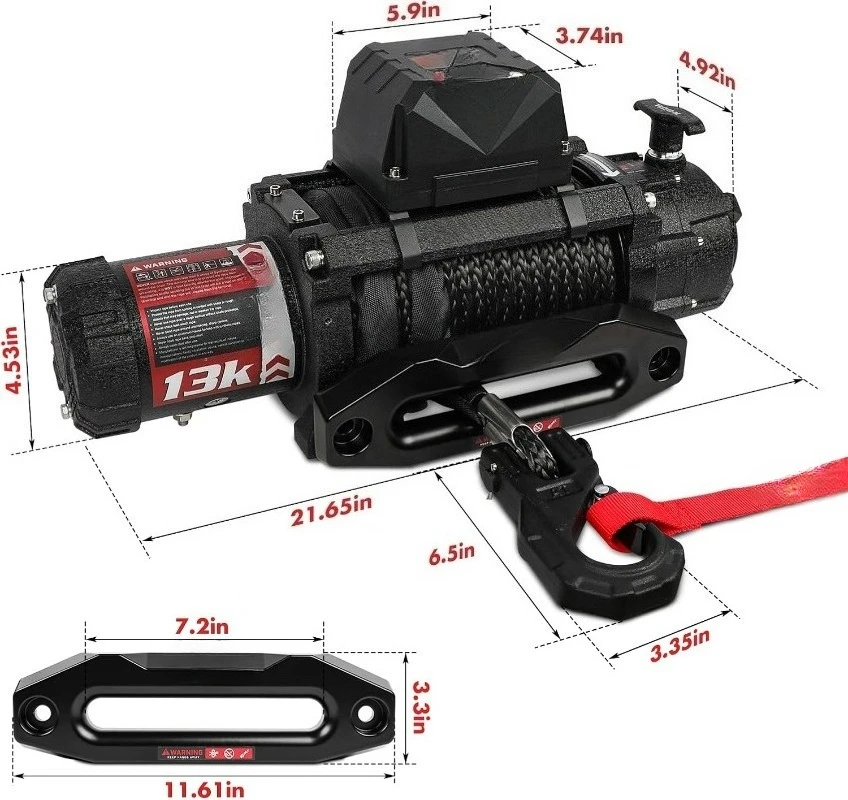 ونش كهربائي 13000 رطل. سعة تحميل بحبل صناعي بطول 79 قدمًا و Hawse Fairlead 12V IP68 مقاوم للماء، سلكيًا وسلكيًا