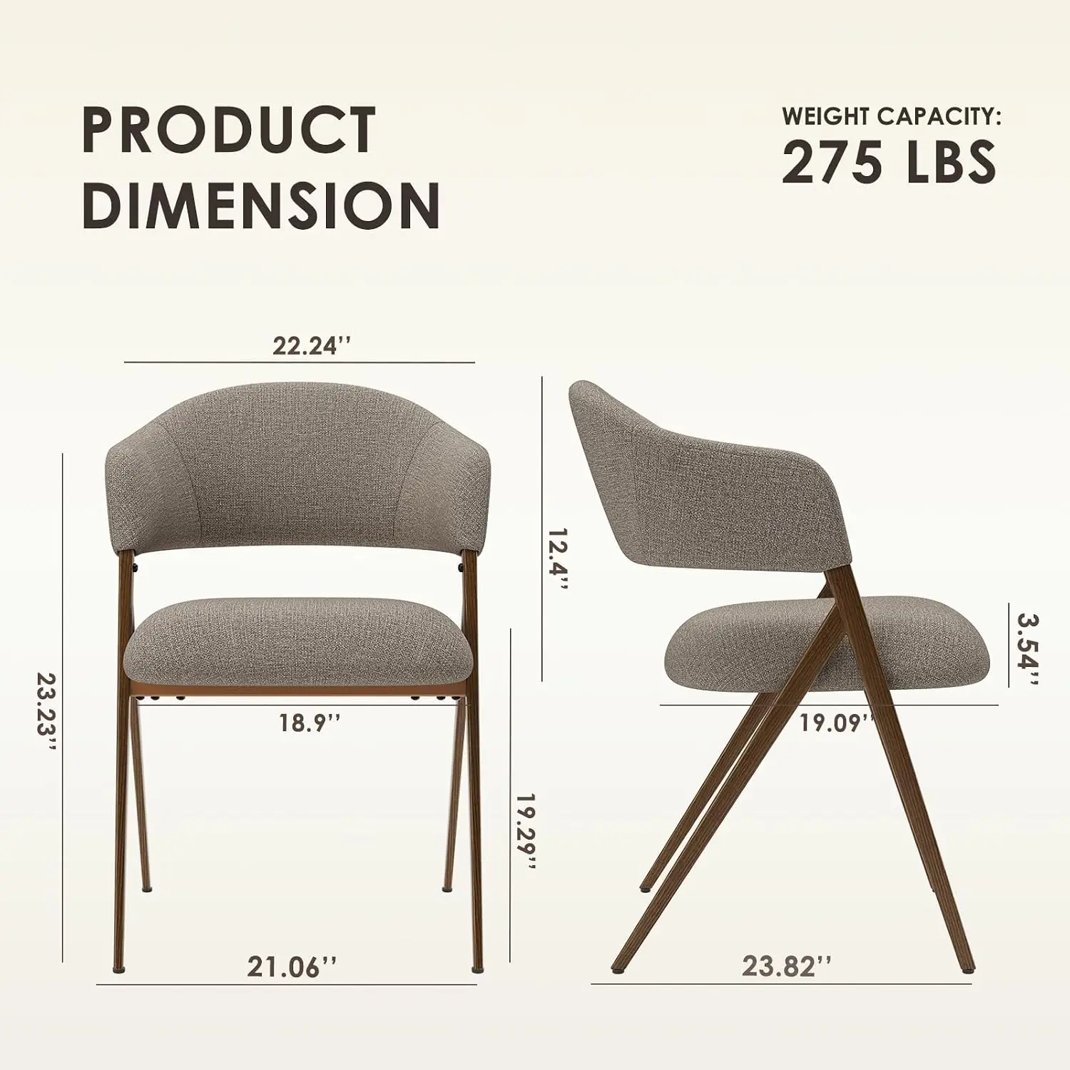 Dining Chairs Set of 2, Mid Century Modern Dining Room Kitchen Dinner Chairs with Iron Legs, Open Back and Padded Seat, for Living Room/Bedroom/Restaurant/Cafe, Taupe