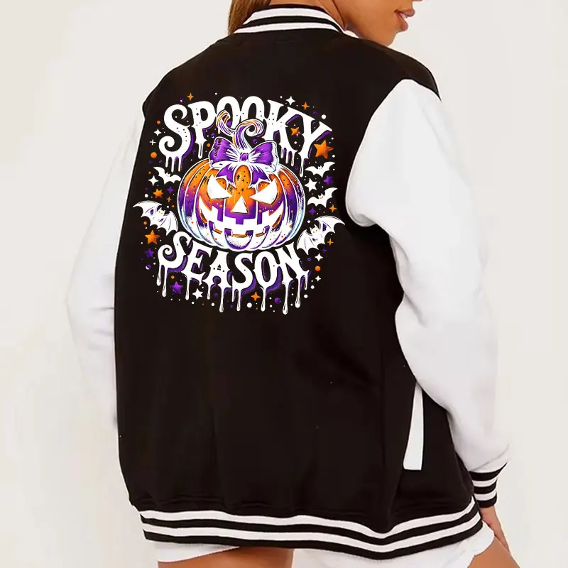 Women Baseball Jacket Pumpkin Halloween Spooky Season Design Street Fashion Leisure Versatile Varsity Baseball Bomber Jackets