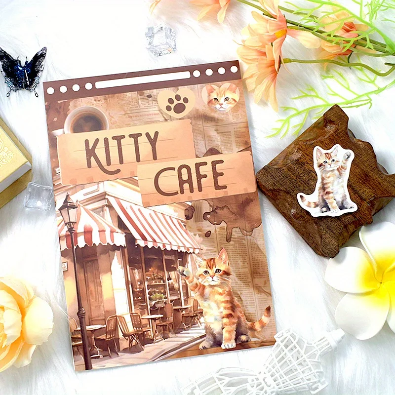 20Sheets Coffee Cat Sticker Book Pre-Cut Matte PET Paper Deco Sticker For Scrapbooking Junk Journal Planner Aesthetic Stationery