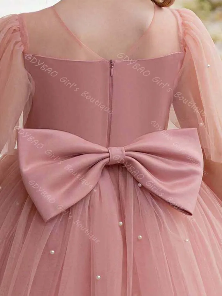 فستان فتاة الزهور الوردي المغبر لحفلات الزفاف مطرز تول مزدوج الخامس الرقبة بالون كم مخصص للأطفال فستان الأميرة المسابقة