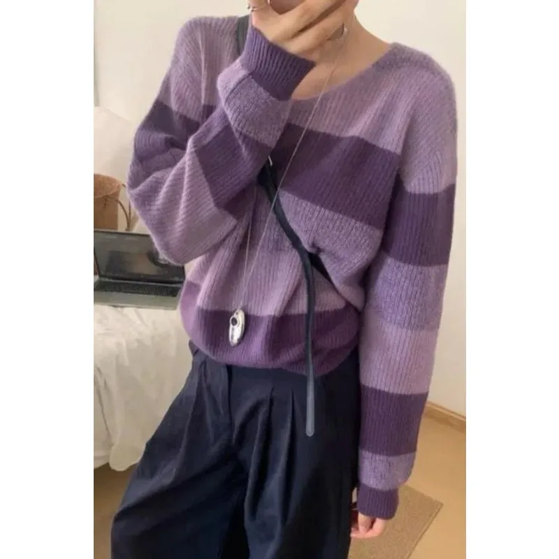 الكورية شيك كسول نمط لينة وشمعي محبوك الوردي مخطط الأعلى 2025 الخريف نمط الخامس الرقبة المرأة السترة #2