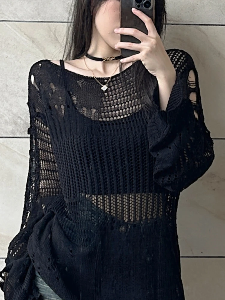 HOUZHOU Y2k Sweater Women Streetwear Hollow Out Loose Knitted Pullovers Balck See Through Long Sleeve Top Gothic Korean Fashion