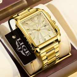 LIGE Luxury Design Mens Watches Square Quartz Wristwatches Luminous Auto Date Watch Men 3ATM Waterproof Stainless steel Man Wach