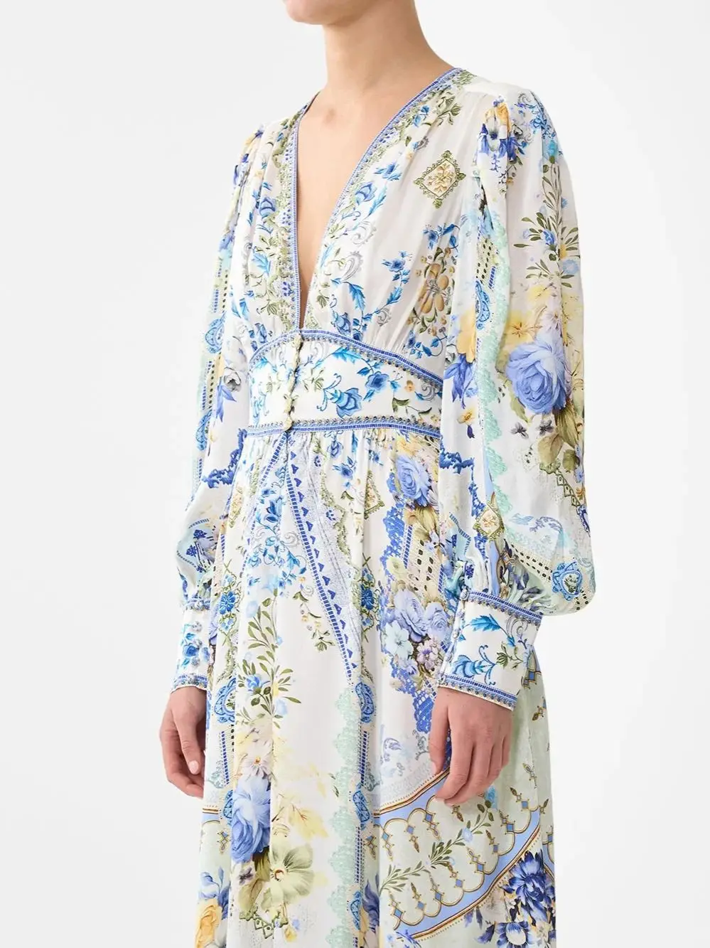 Blue Floral Print Women Silk Maxi Dress Crystal Beaded V-Neck Lantern Sleeve Elastic Waist Single Breasted High Quality Robe