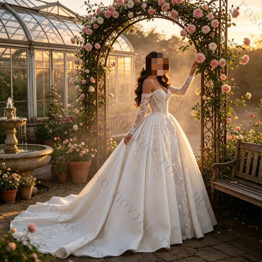 Customized 2026 Off Shoulder Lace Long Sleeved Wedding Dresses with Decals and Sweeping Patterns Elegant Princess Bridal Gown
