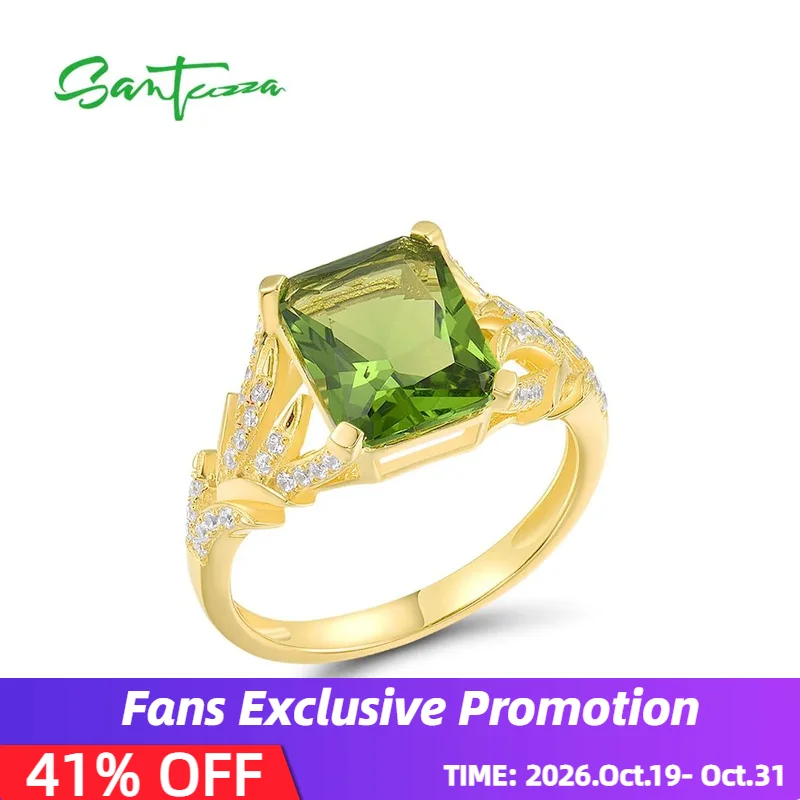 SANTUZZA Pure 925 Sterling Silver Ring For Women Sparkling Green Glass White Cubic Zirconia Yellow Plated Party Fine Jewelry