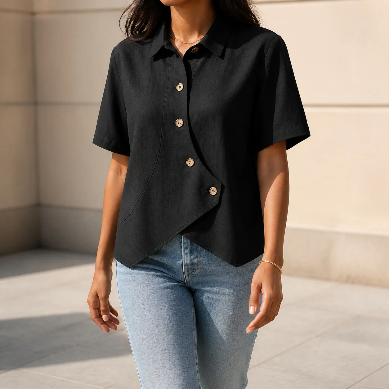 Women's Boho Irregular Asymmetrical Blouse with Lapel Collar Short Sleeve Cotton Linen Button Front Solid Color Mid Length