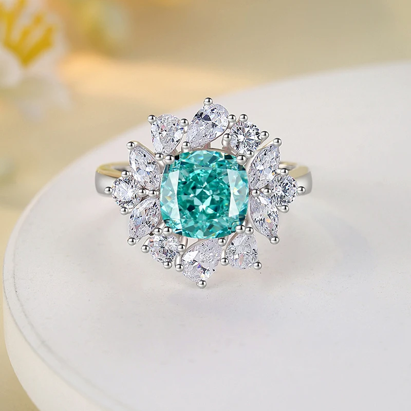 Original Design 925 Sterling Silver Pure Square Small Green Paraiba Ring Women High Carbon Diamond Ice Flower Cut Finger Ring