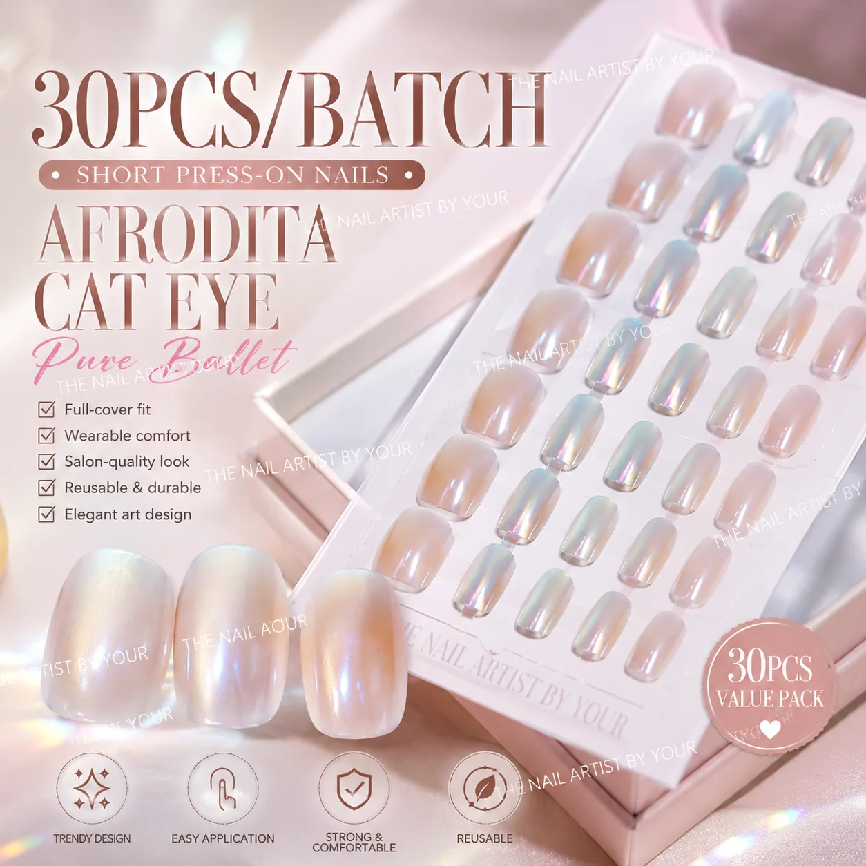 30Pcs/lot Short Press On Nails Aurora Cat Eyes Pure Ballerina Decoration Wearable False Nails Full Cover Nail Tips Art