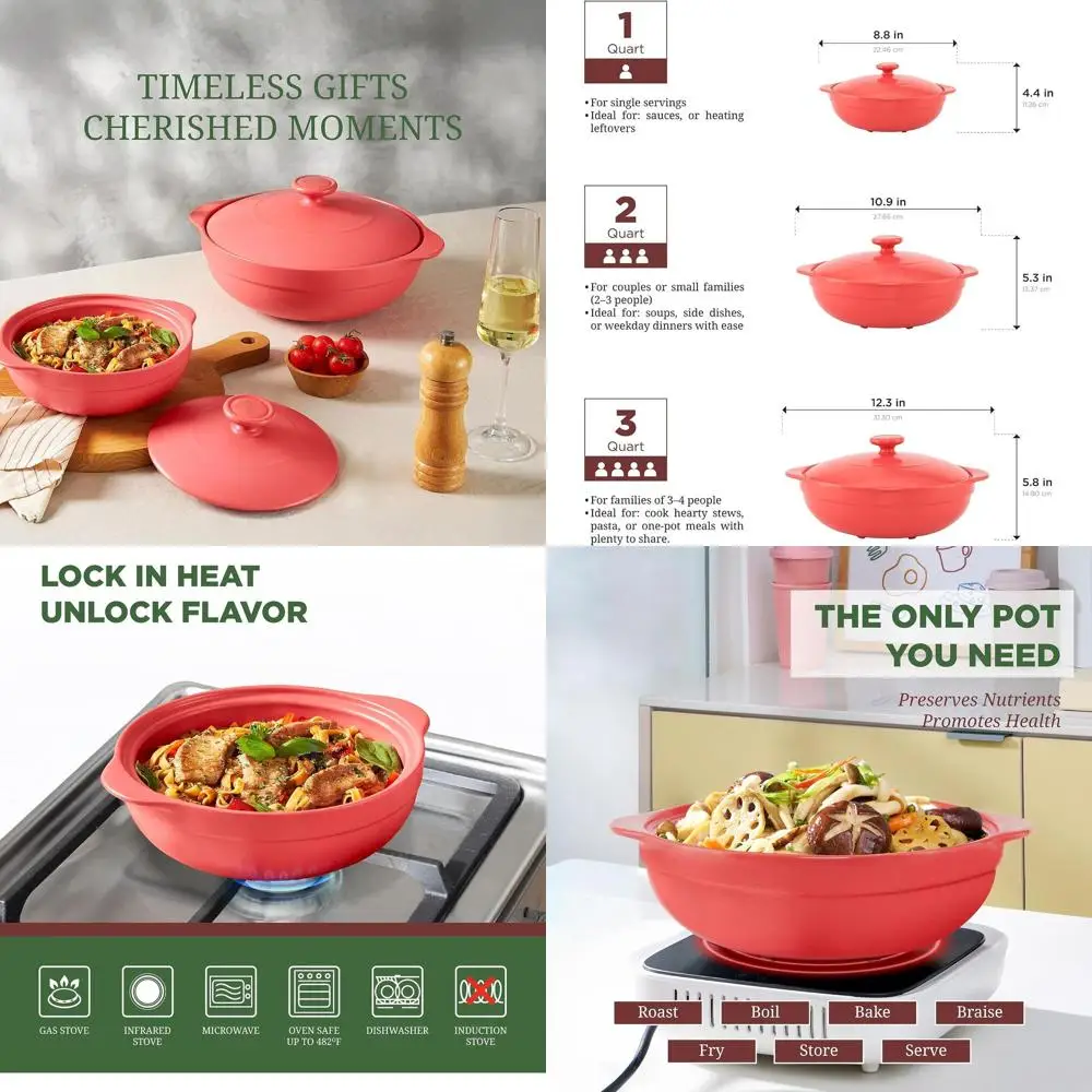 

Dutch Oven Porcelain Clay Pot, Lead-Free, Oven Safe to 482°F, Great for Cooking, Marinating, Baking, Serving, Heat Retention, Ga