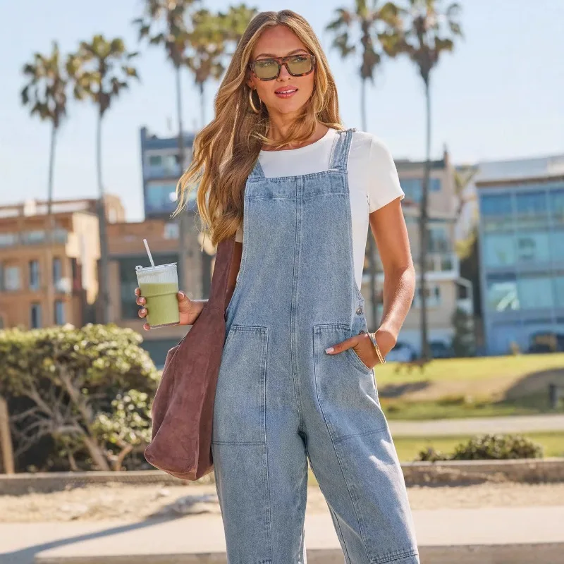

2026 Fashion Overalls Jeans Women's Denim Suspenders Spring Summer Safari-style Jumpsuits Straight Trousers Casual Do-old Pants