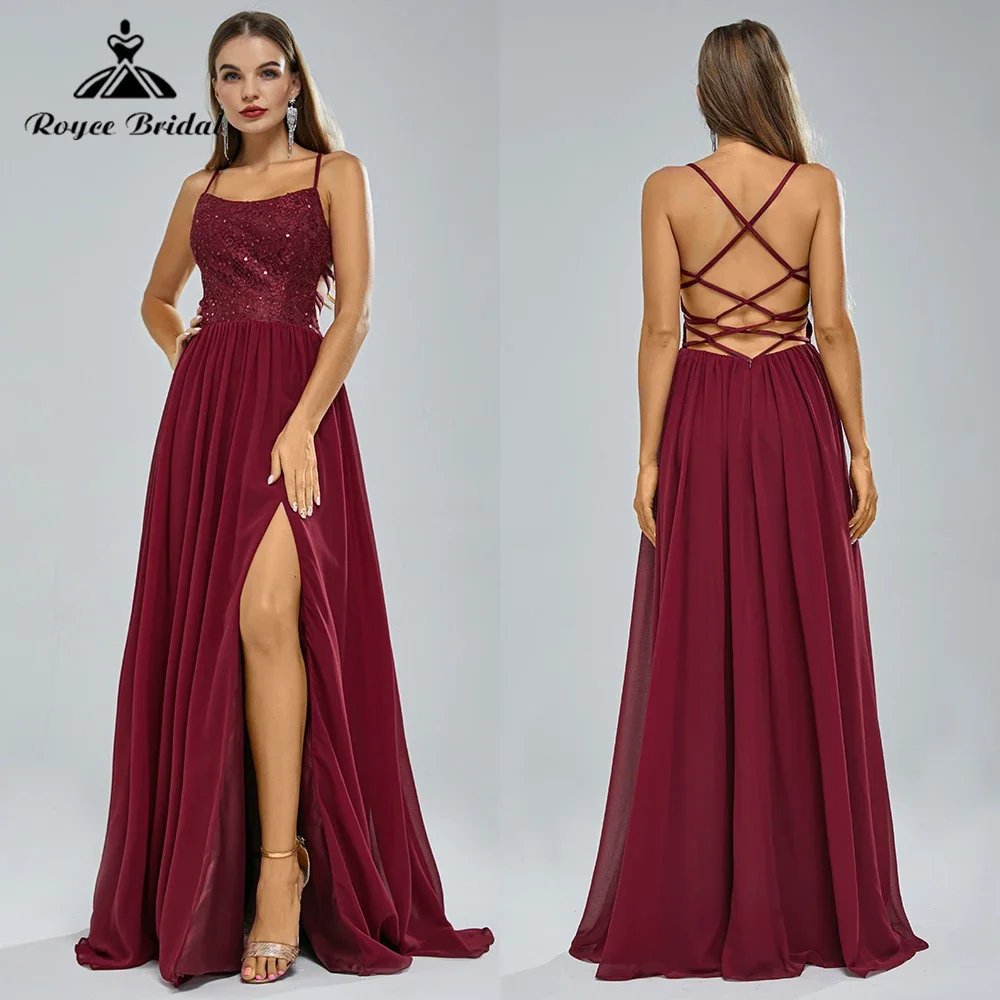 

Roycebridal Burgundy Scoop Neck Sequines Top Chiffon A Line Wedding Dress Spaghetti Strap Back Lace Up Evening Dress Customized