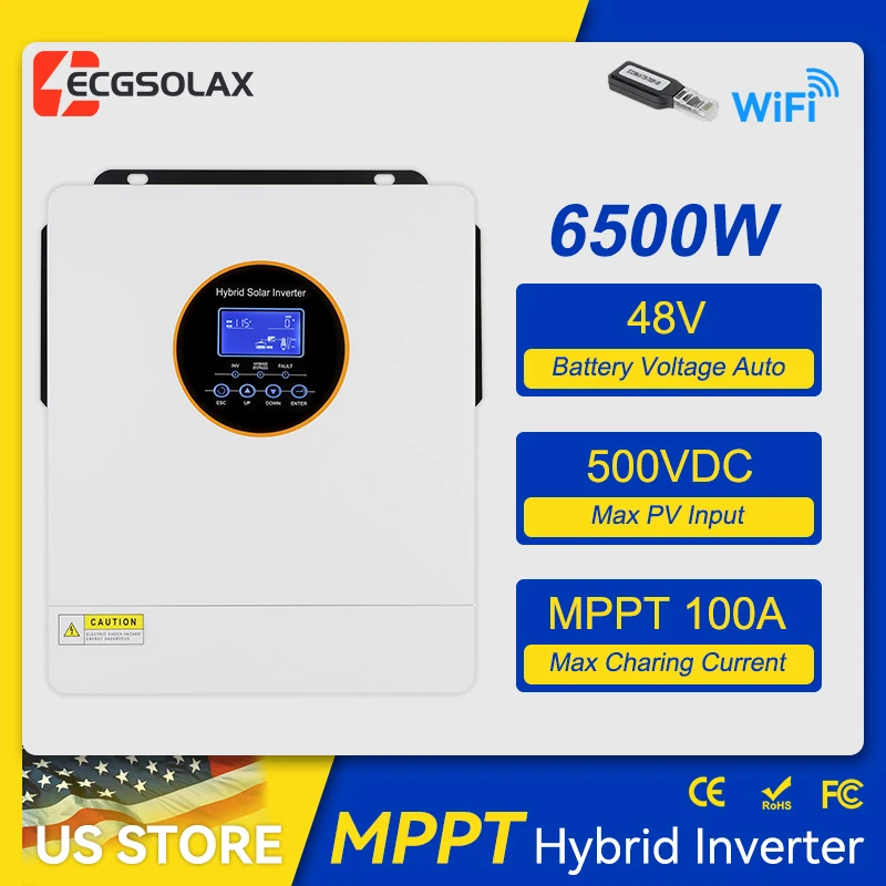 ECGSOLAX 6.5KW 48V Split‑Phase Hybrid Solar Inverter, Pure Sine Wave 120/240V, 99% MPPT Controller, Off‑Grid for Lithium Lead‑Acid Battery, RS485 BMS Communication